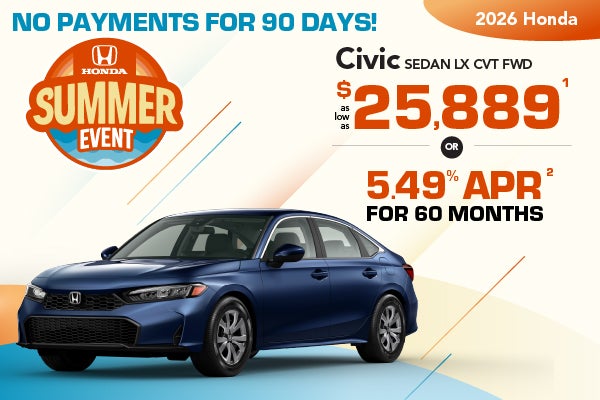 2026 Honda Civic Sedan as low as $25,889 or 5.49% APR